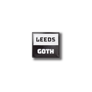 Leeds Goth enamel pin badge in black and white.