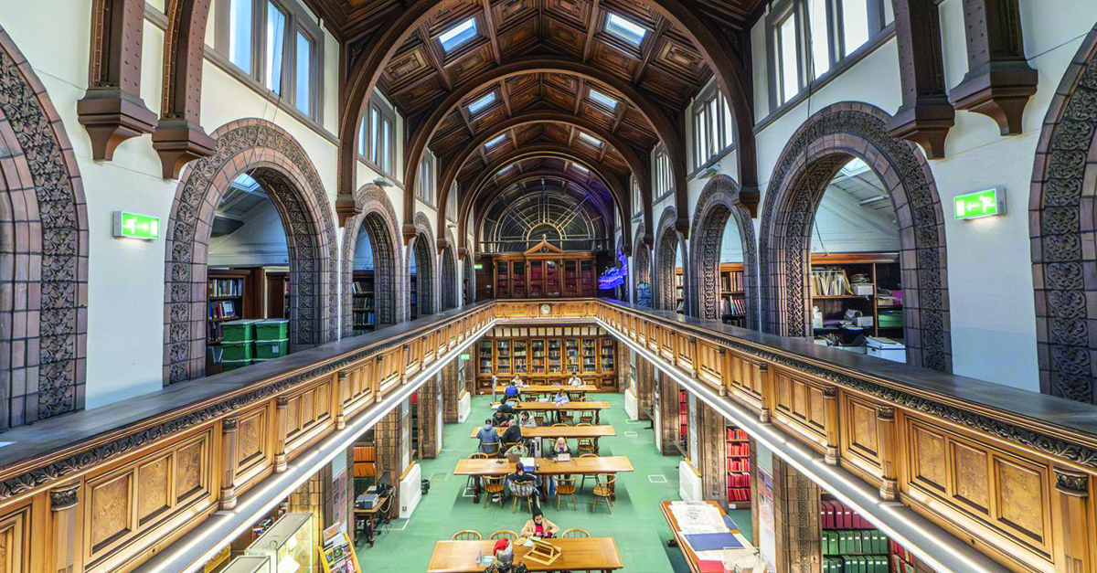 The gothic interior of Leeds Central Library.