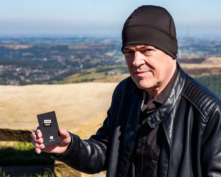 Leeds Goth enamel pin badge in black and white.