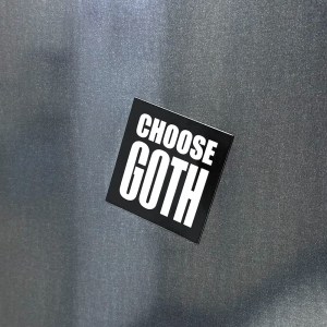 Leeds Goth black fridge magnet on a grey fridge door.