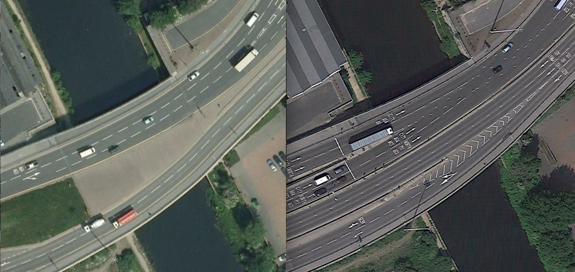 A side-by-side comparison of Richmond Bridge, before and after the construction of John Smeaton viaduct.