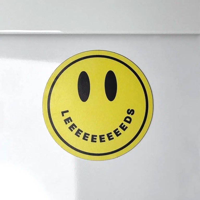 Acid House smiley magnet with the word LEEEEEEEEEDS as its mouth.