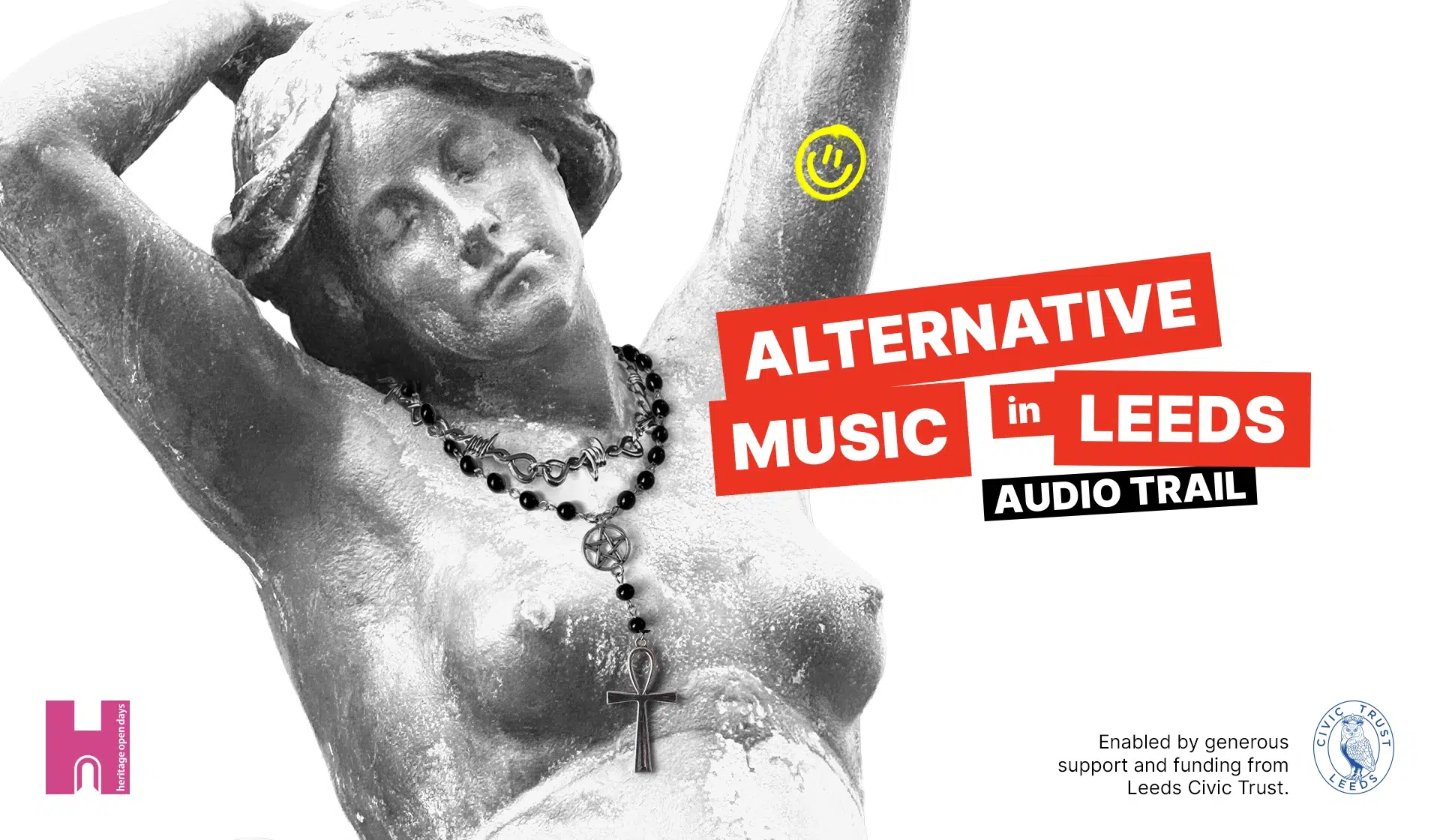 Alternative Music of Leeds logo with the close-up of a Leeds City Square statue behind.